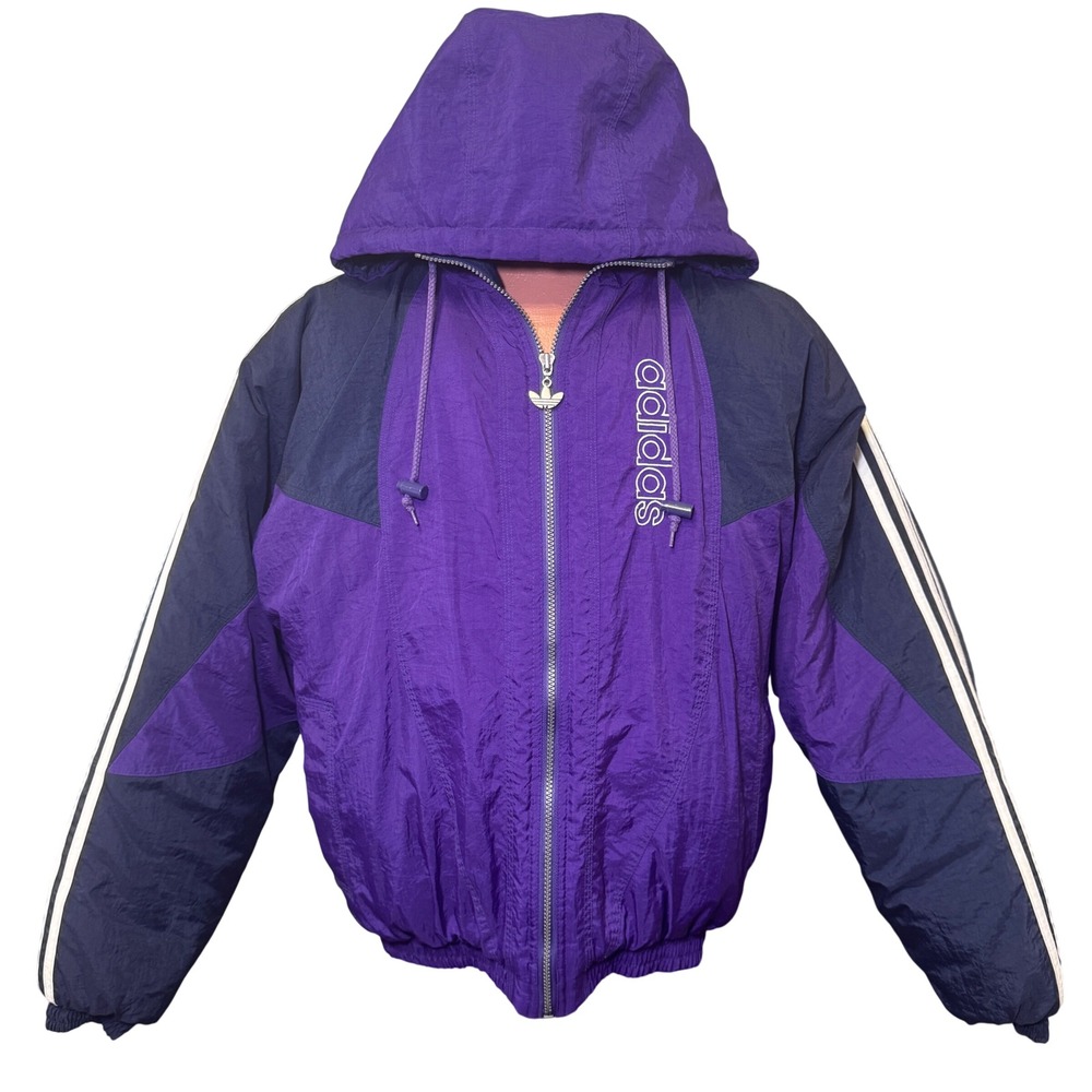 Vintage Adidas Purple Navy Colorblock Hooded Windbreaker Jacket Trefoil Size M